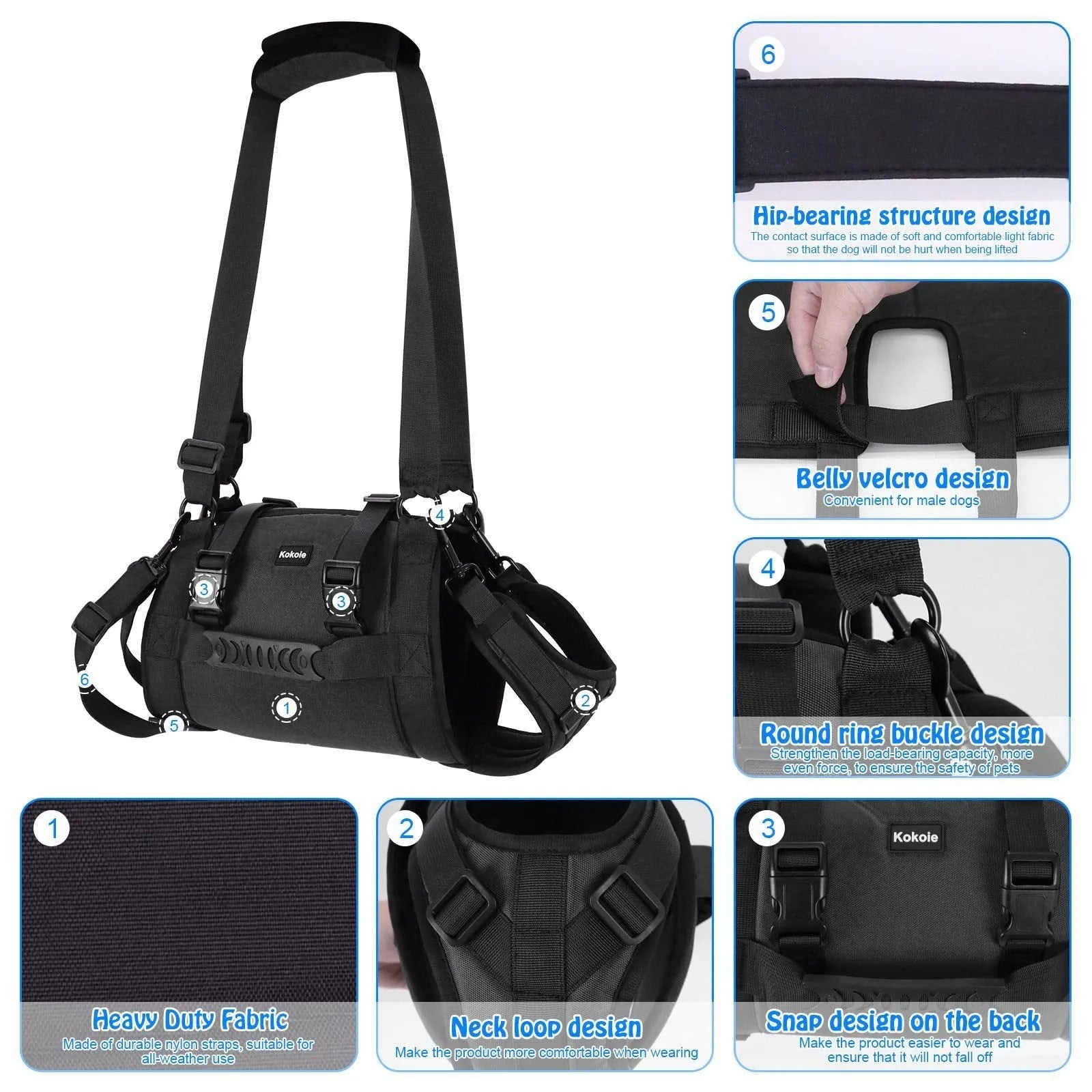 Black Oxford cloth dog harness with adjustable breast strap shown in four sizes