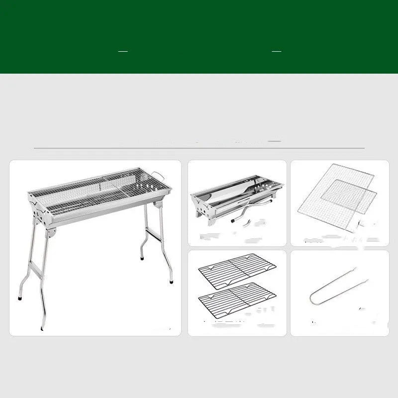Stainless steel portable folding barbecue oven with grill, shown collapsed for storage