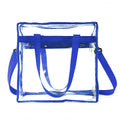 Women's transparent PVC front crossbody messenger bag with black side net pocket and double shoulder straps.