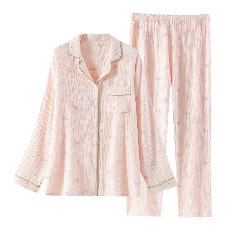 Women's cotton pajama suit with long sleeves and trousers in pink or beige