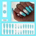Smart blue diamond coloured press-on artificial nails in a ballet length style.