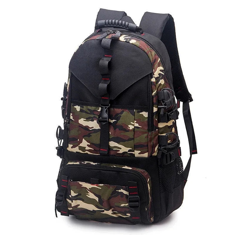 Men's waterproof Oxford cloth hiking backpack in camouflage design with 56-75L capacity