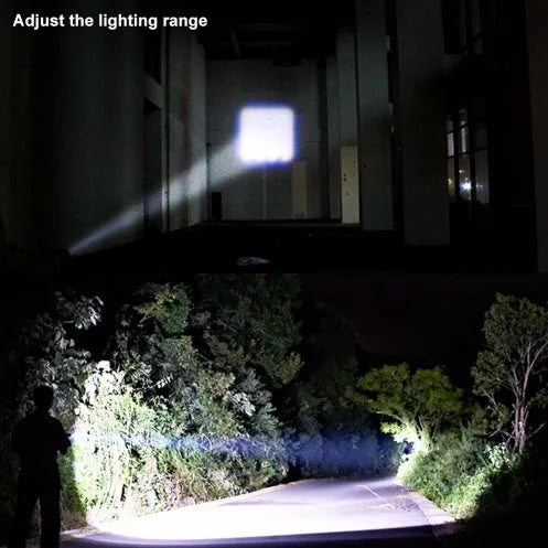 Black mini aluminium alloy LED flashlight with telescopic zoom head and pocket clip.