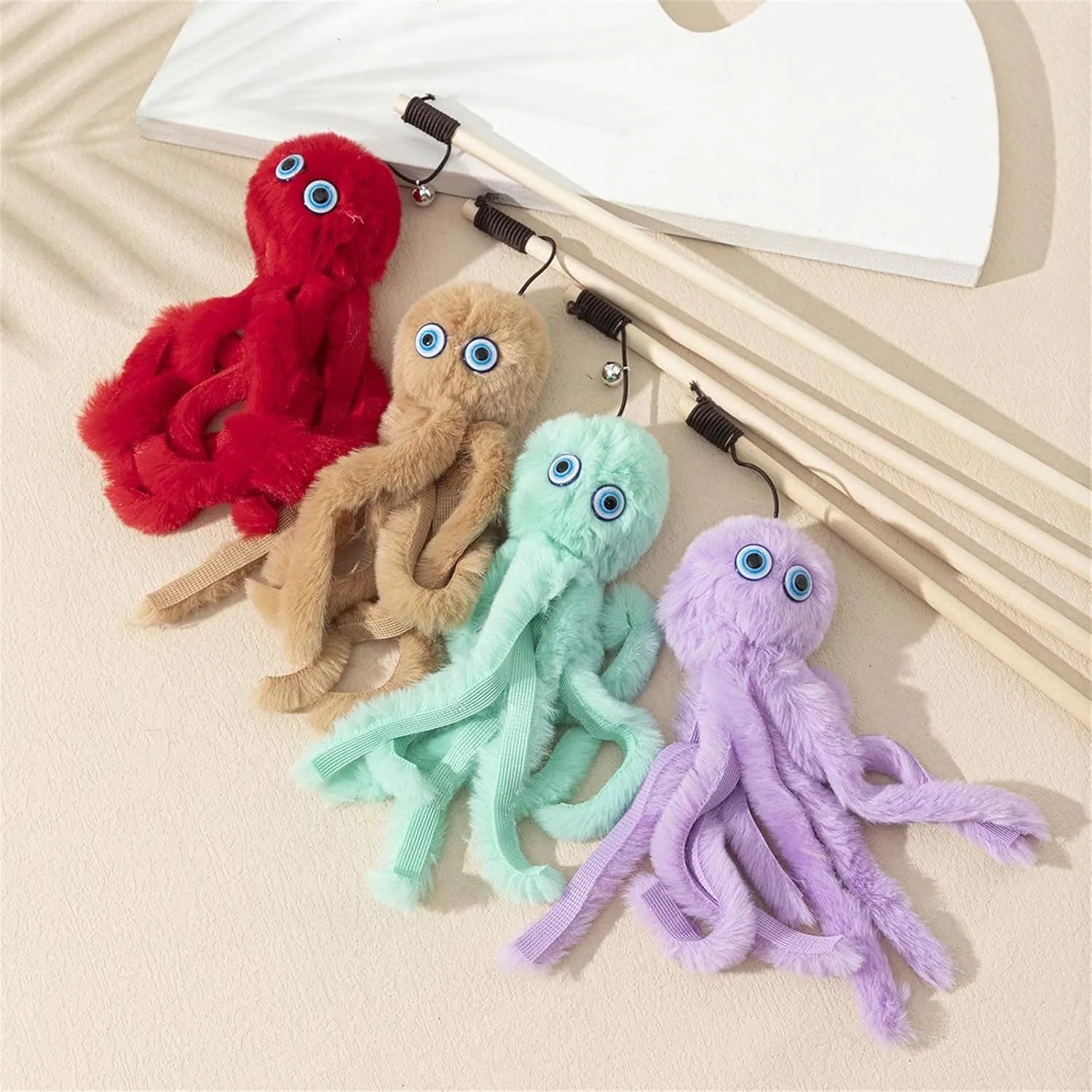 Octopus-themed cat toy with long handle in bright colours for indoor pet play
