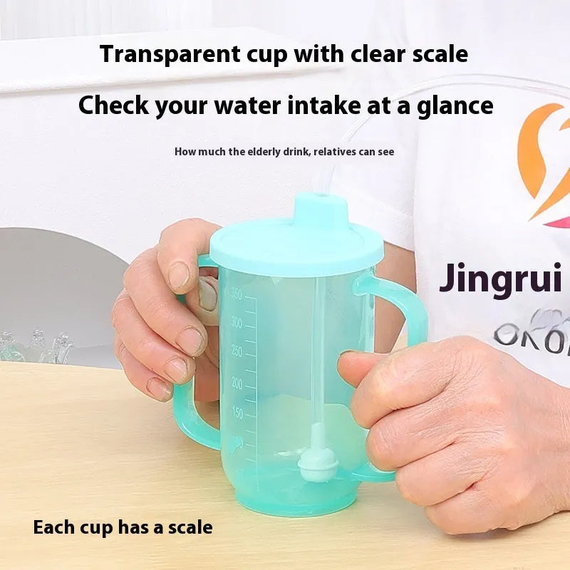 Oblique mouth choke-proof drinking cup for elderly and pregnant users in bed, with optional wrist splint handle.