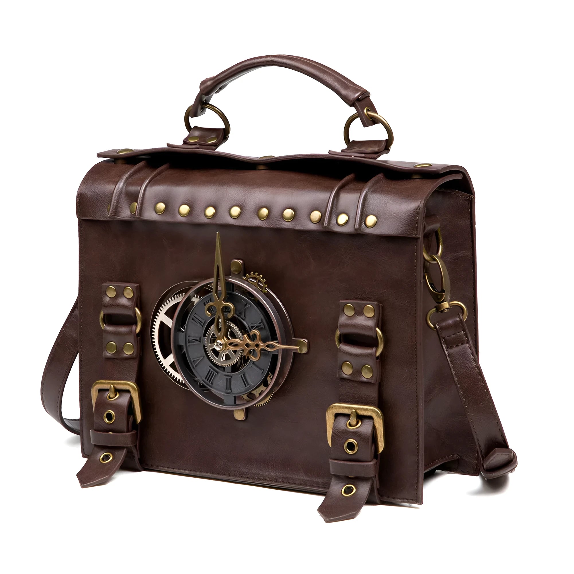Bronze steampunk pillow shoulder bag with metal details on a horizontal square shape