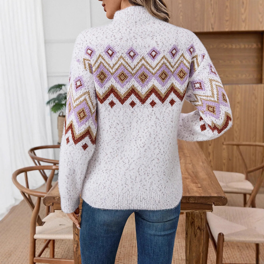 White women's geometric jacquard half turtleneck loose sweater with long sleeves.