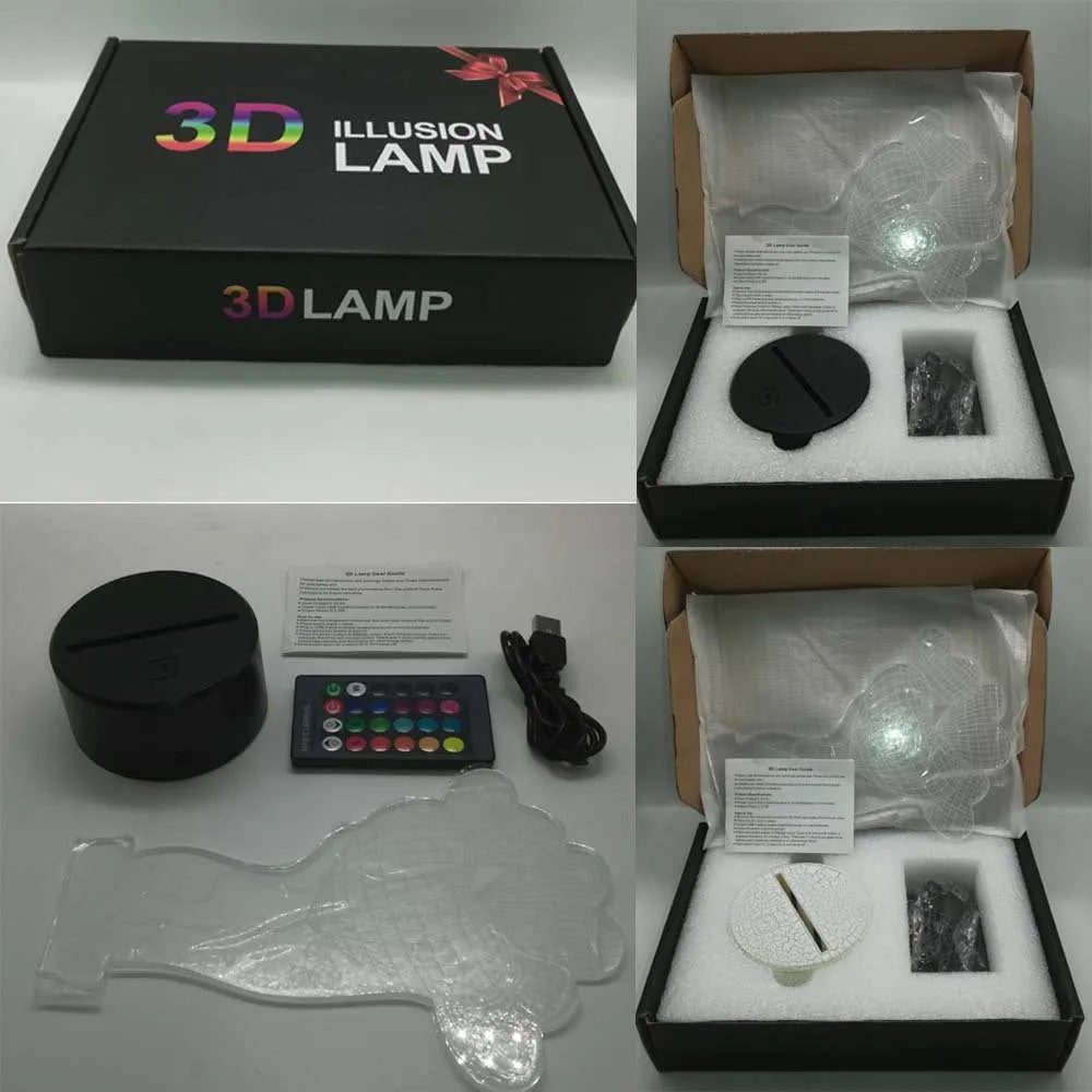 3D rose-shaped LED night light showing colour-changing glow on acrylic panel with ABS base.