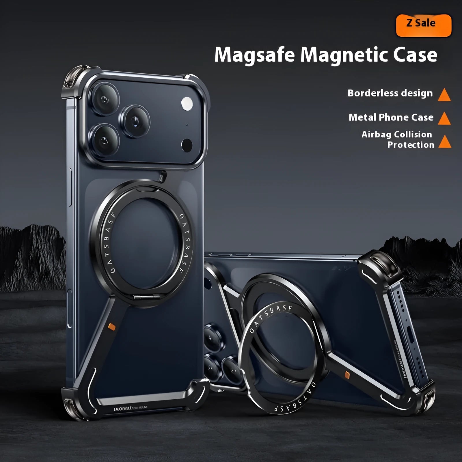Black metal iPhone 17 case with built-in magnetic bracket showing heat dissipation design