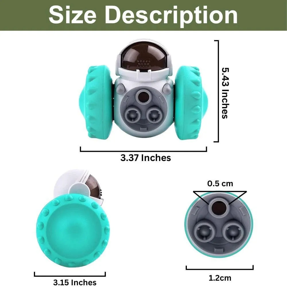 Robot design pet food dispenser toy for small dogs and cats showing self-balancing tumbler mechanism