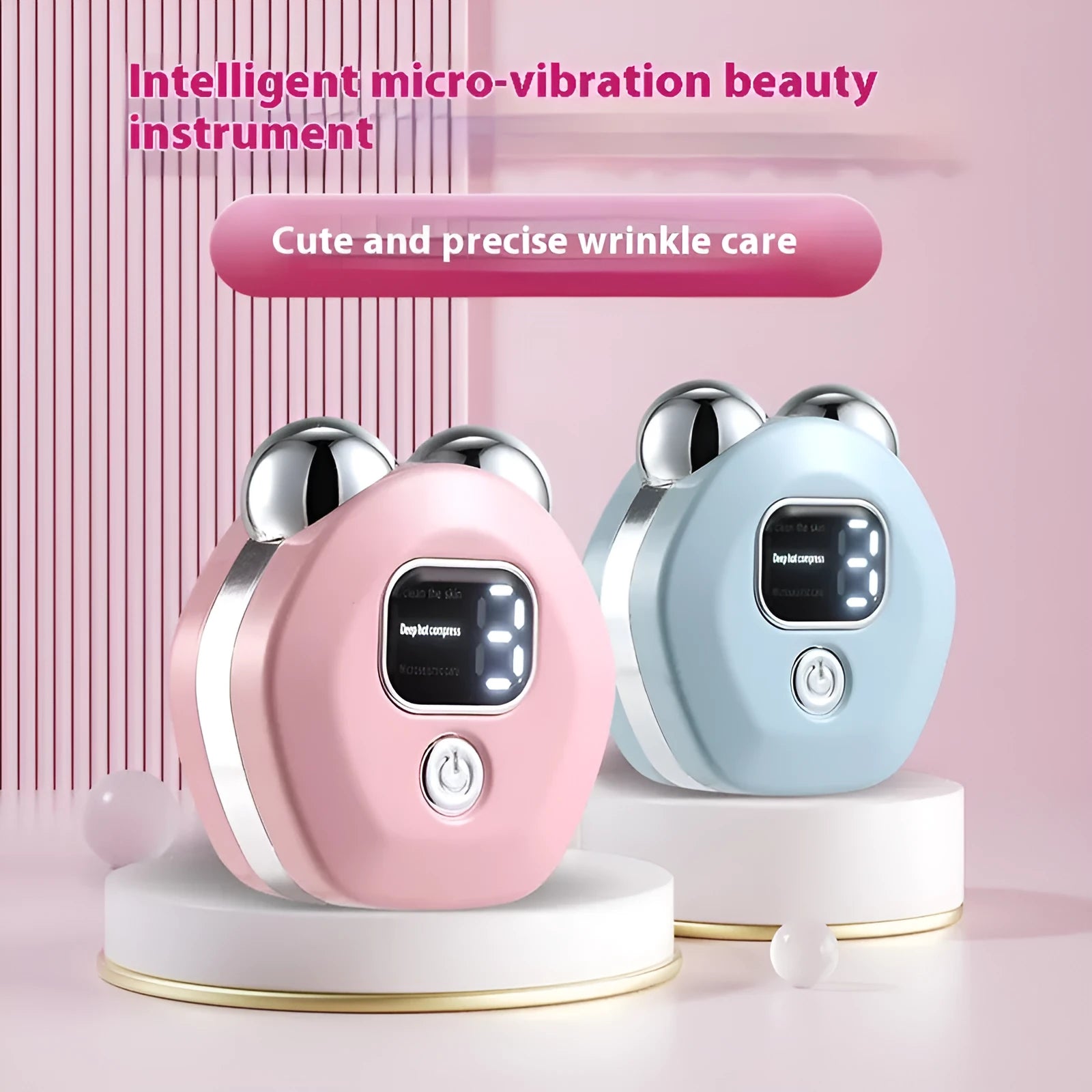 Portable hot compress charging massage instrument with micro current double-roller in white, light blue or pink