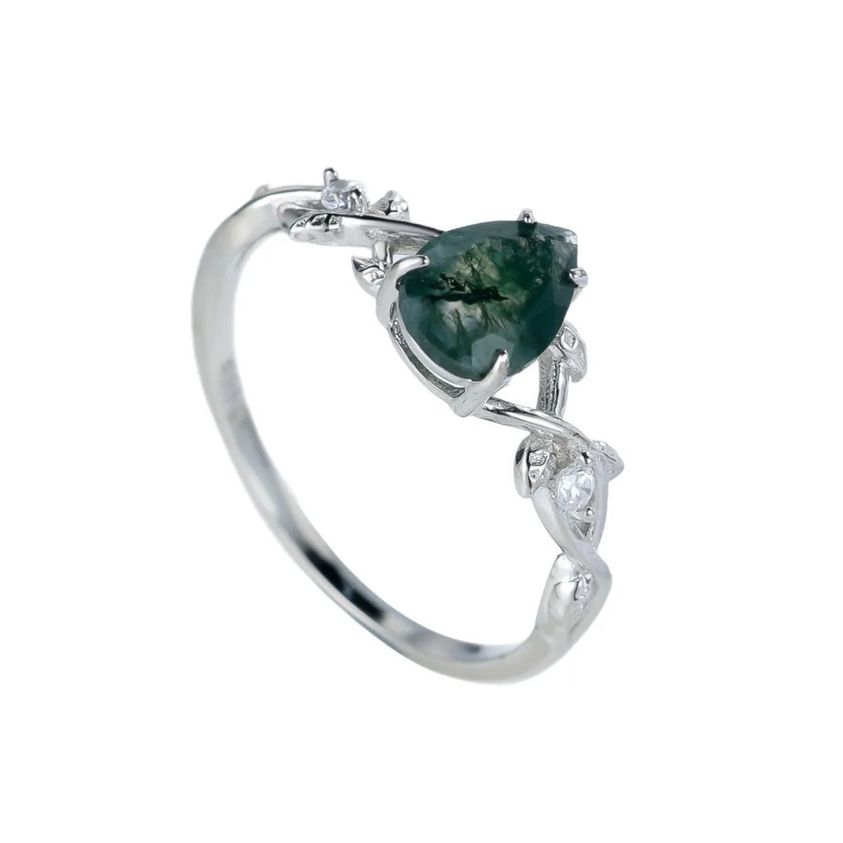 S925 silver drop-shaped agate edge branch leaf ring on white background, sterling silver band with natural stone