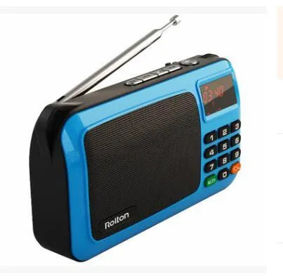 Golden Rolton W405 portable FM radio and MP3 speaker with LED display and control buttons.