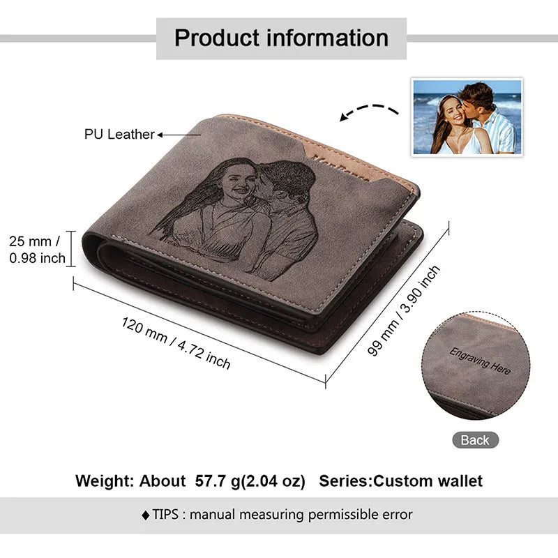 Coffee brown engraved horizontal short wallet showing personalisation service and compact 120mm dimensions