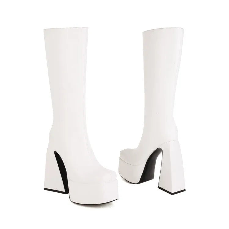 Women's casual high boots in black, red, blue, and white colours with artificial PU upper material