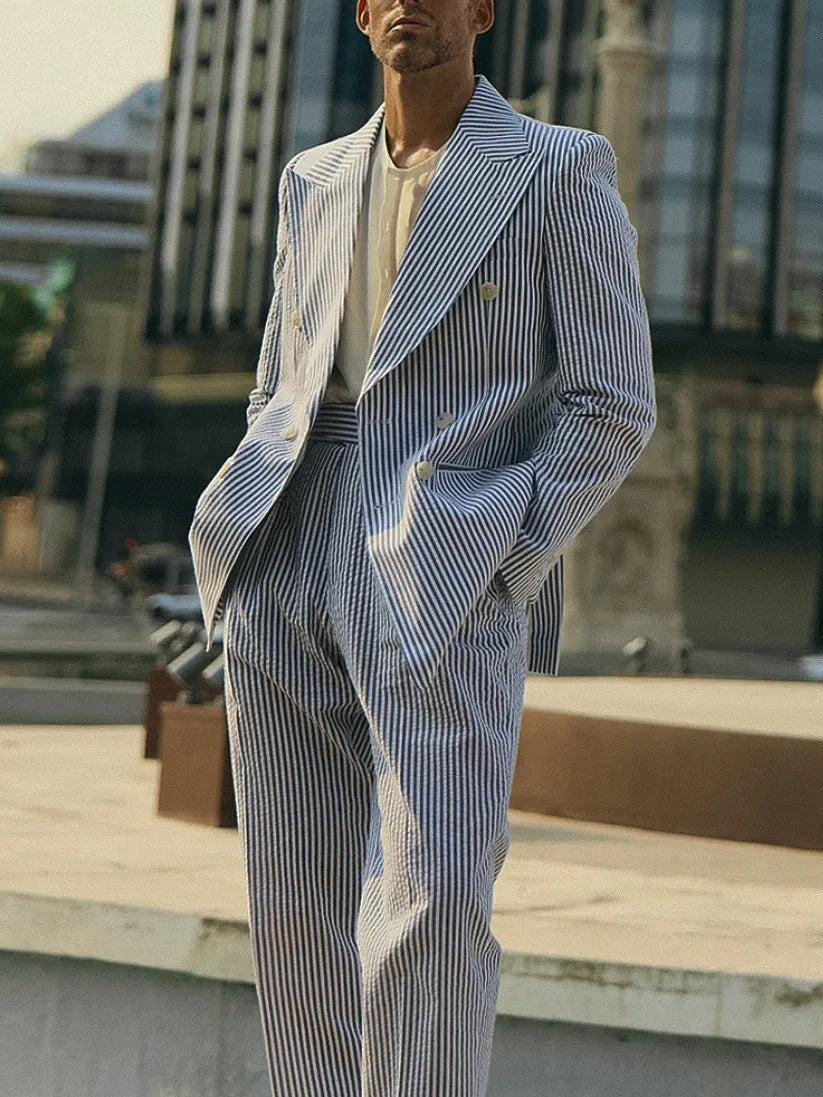 Blue and white striped polyester suit set with blazer and trousers for men