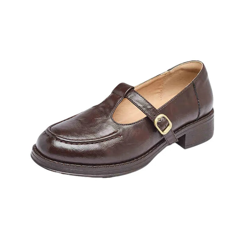 Women's black commuter French platform leather shoes with round toe and buckle on rubber sole