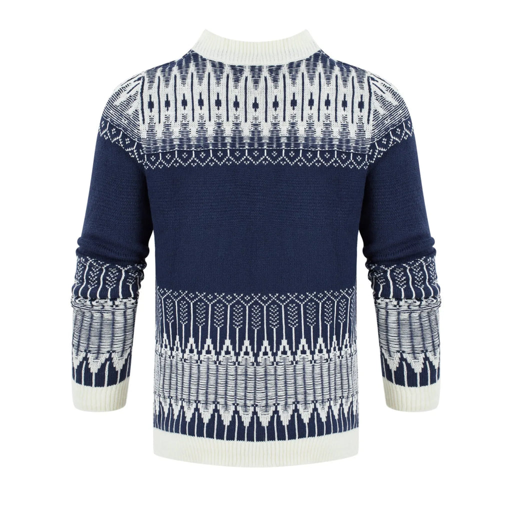 Man wearing a grey knitted crew neck pullover sweater with long sleeves.