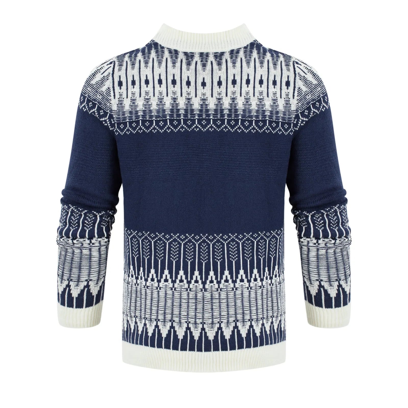 Man wearing a grey knitted crew neck pullover sweater with long sleeves.