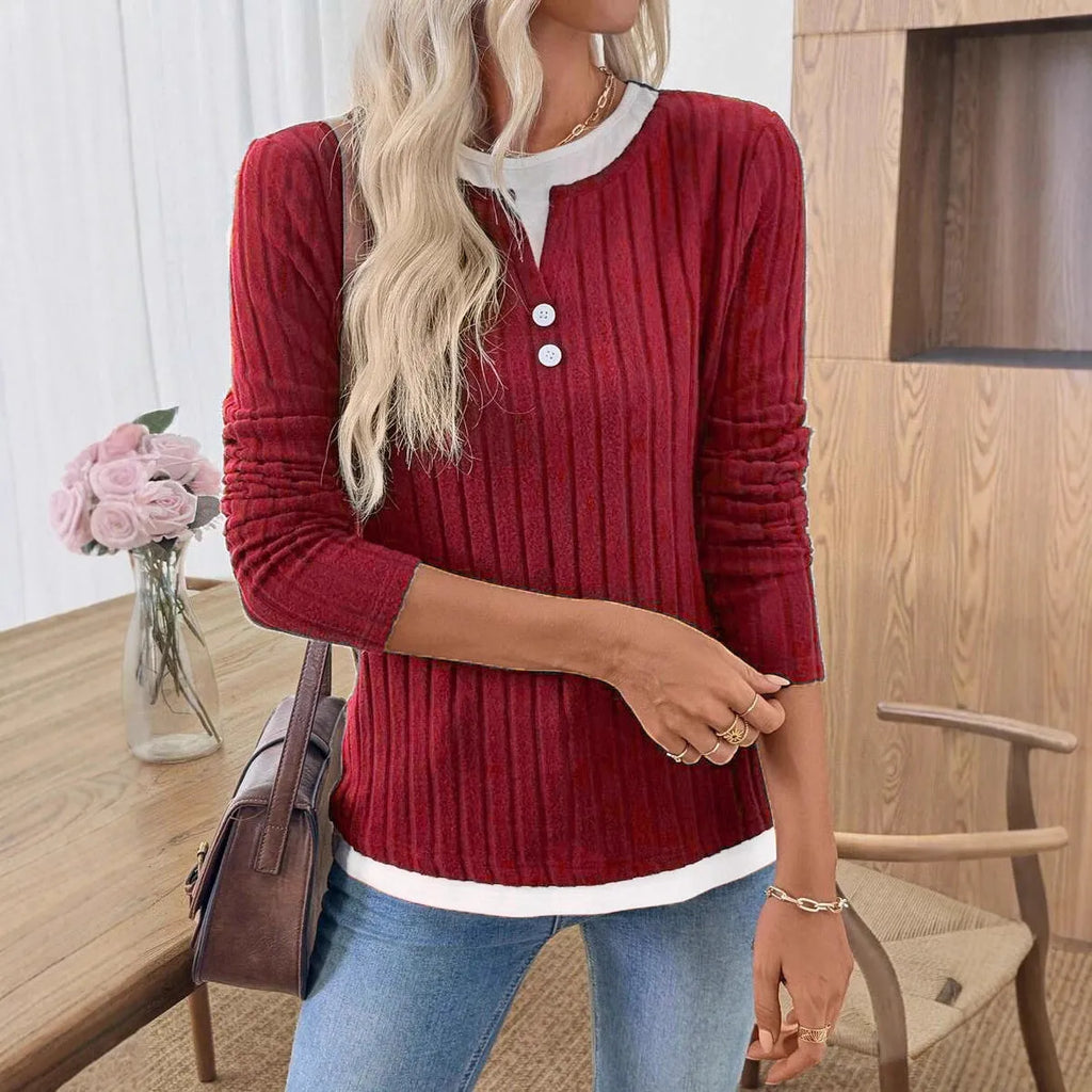 Women's fake two-piece round neck pullover sweater with concave stripe pattern in street fashion style