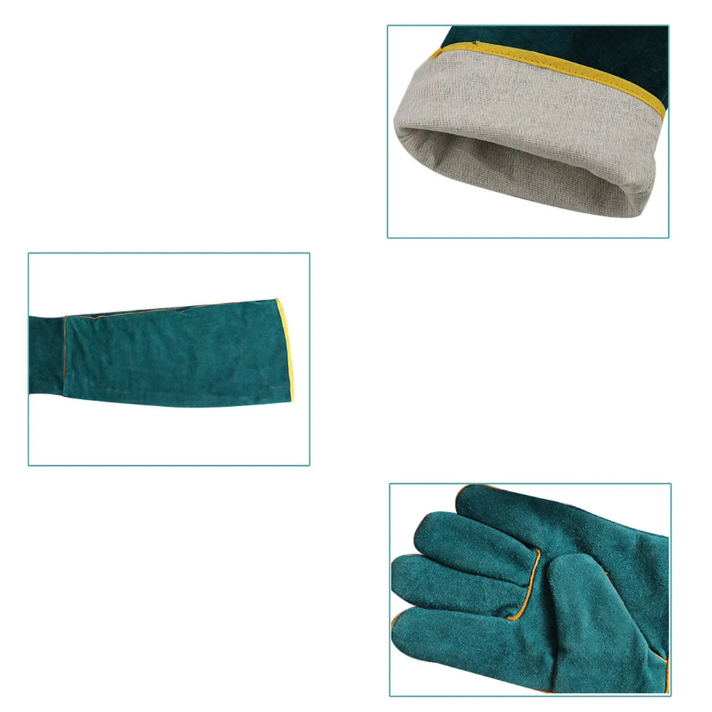 Dark green leather pet handling gloves with extended sleeves for animal bite protection