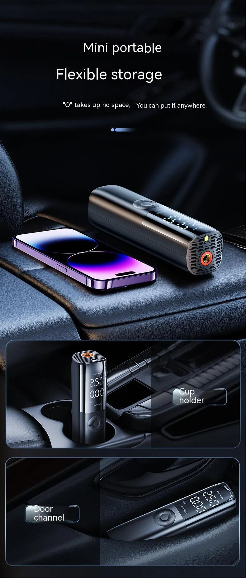Black portable electric car air pump with tyre pressure gauge and inflation hose