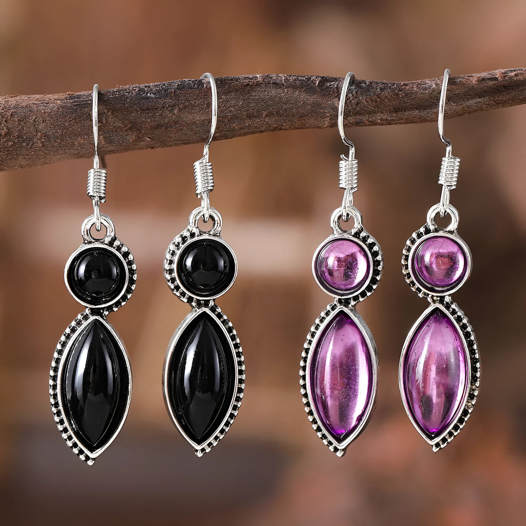 Vintage geometric pendant earrings with black and purple colours and Bohemian design