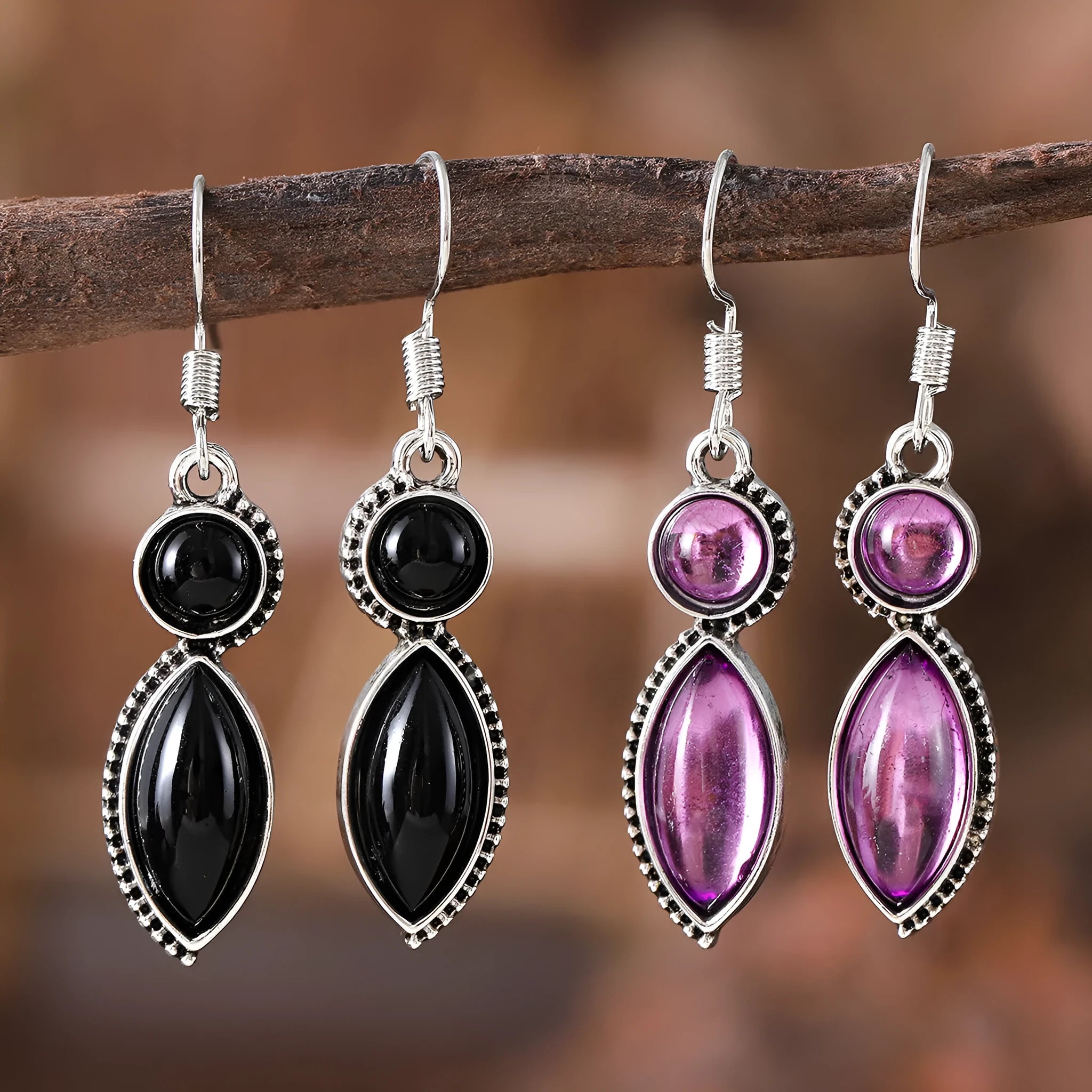 Vintage geometric pendant earrings with black and purple colours and Bohemian design
