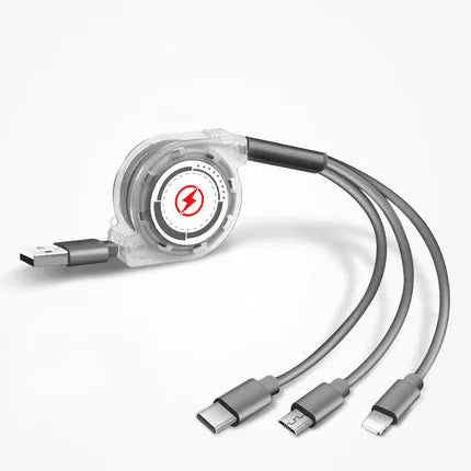 3-in-1 telescopic charging cable extended to 120cm with split connectors and titanium alloy interfaces