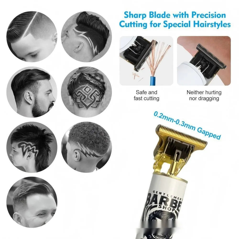 Rechargeable hair clipper with stainless steel head, USB cable, and 4 attachments on a white background.
