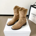 Women's solid colour chunky heel ankle boots in Khaki with suede upper and block heel