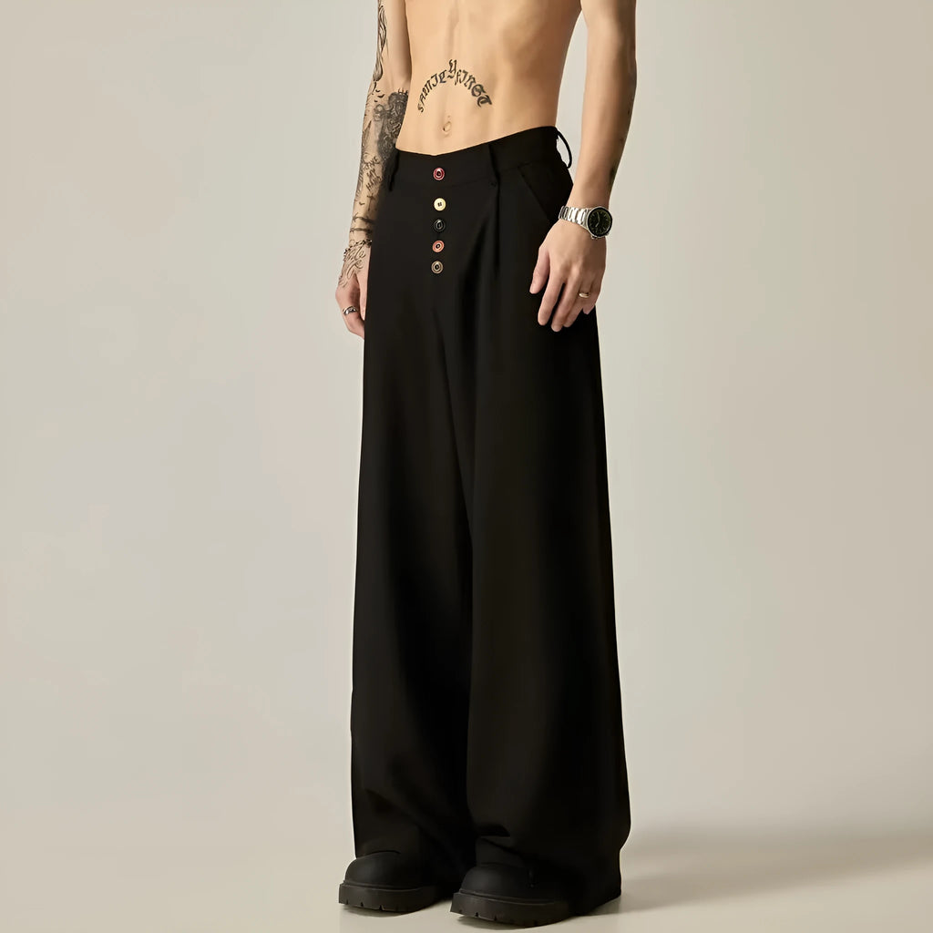 Men's solid colour vertical tube wide-leg trousers with button fly and straight-leg design