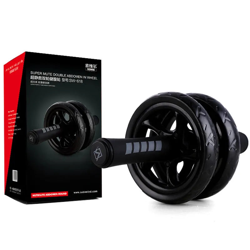 Black silent two-wheel abdominal roller with foam handles on a white background