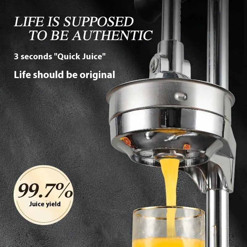 Vertical stainless steel manual citrus juicer with zinc alloy base in various colours and head types.