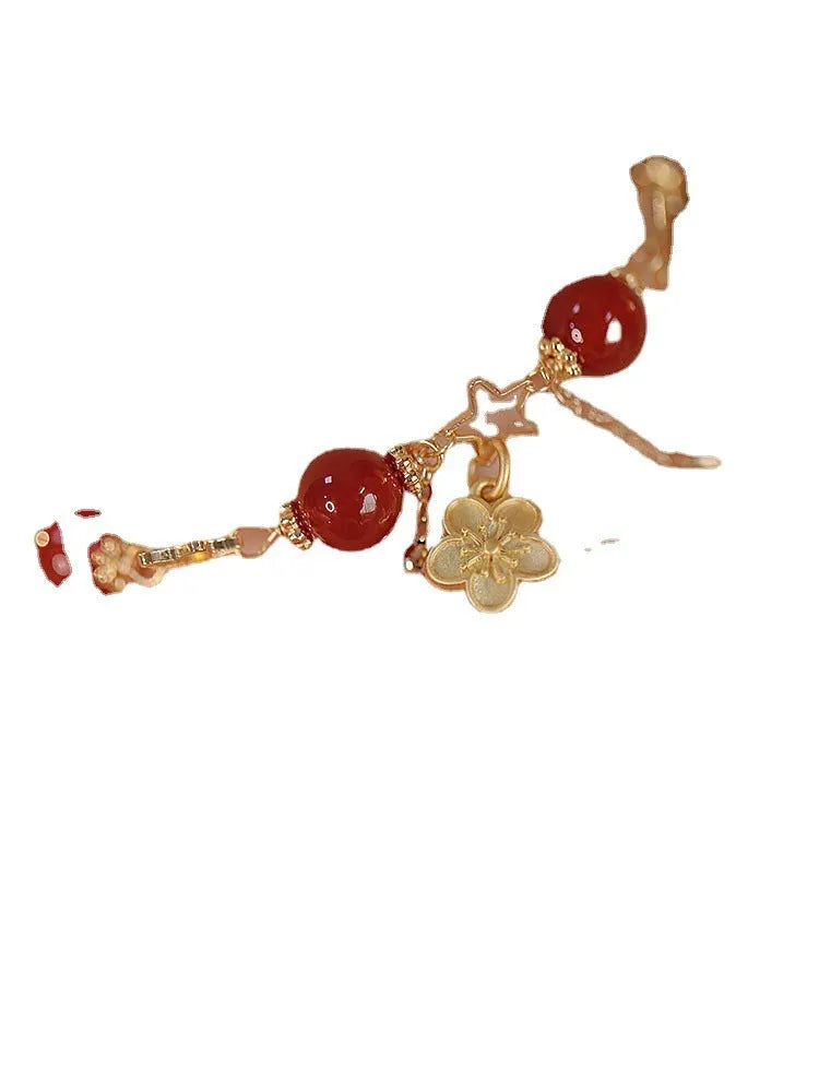 Red agate double-layer women's bracelet with carved peach blossom floral patterns