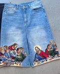 Men's tapered cotton shorts with Jesus print on back pocket in blue or black colours