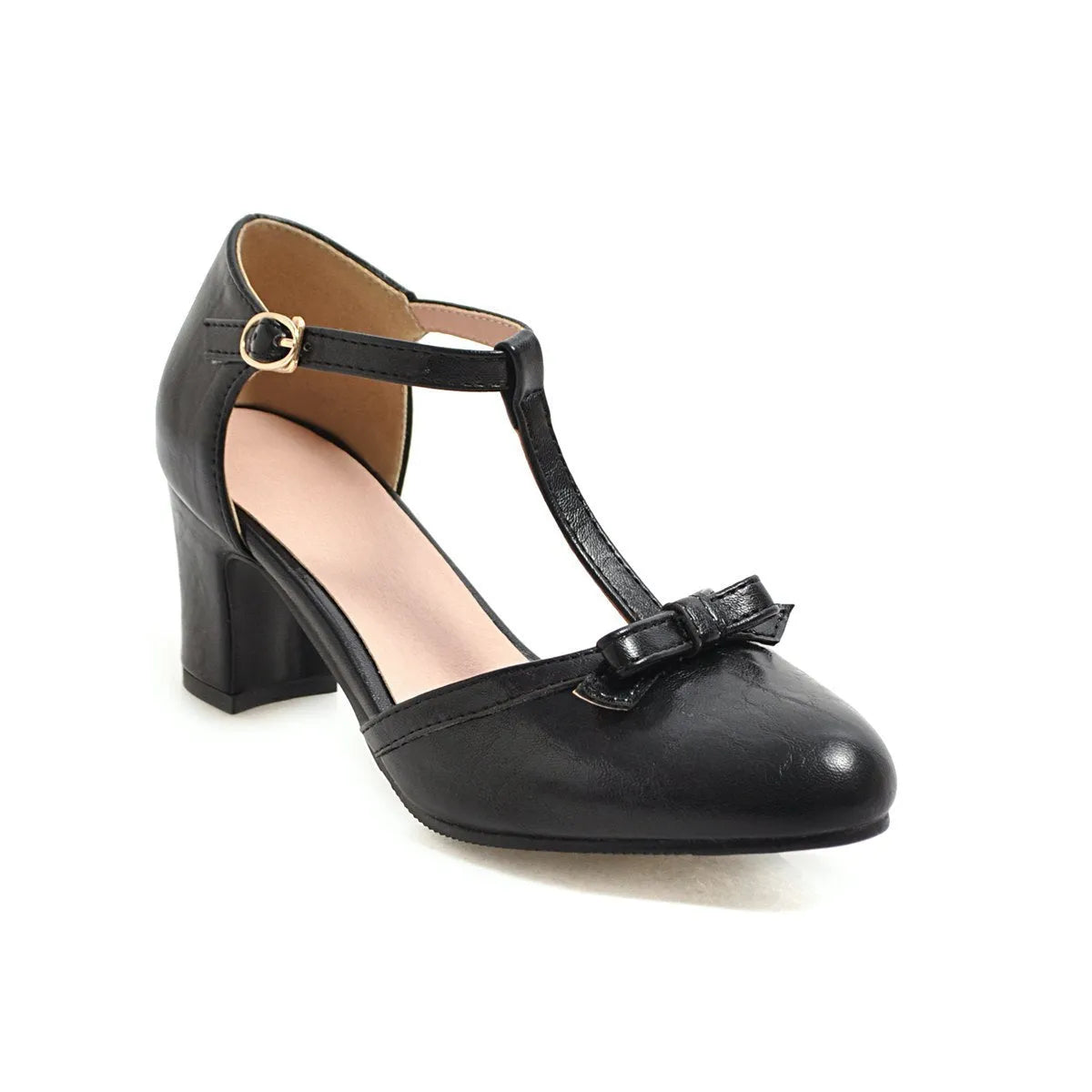 Women's apricot chunky heel sandals with buckle strap and bow detail on a hollow out PU upper.