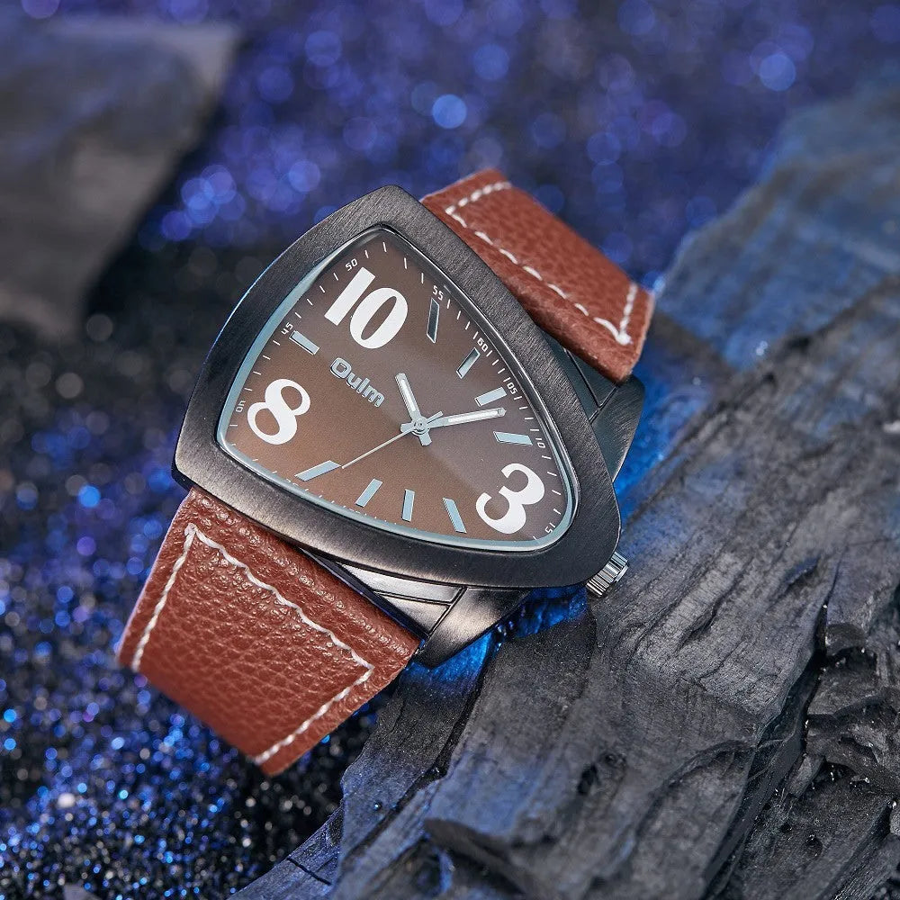 Men's casual watch with a distinctive triangular belt strap, shown in brown, black, and blue colour options.