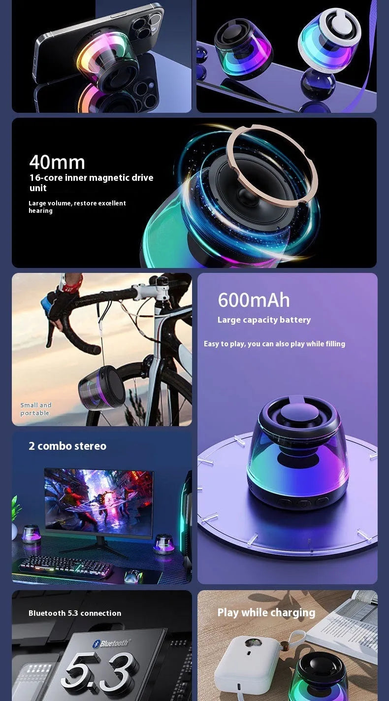 Portable wireless Bluetooth speaker with ambient lighting and magnetic base in black or white
