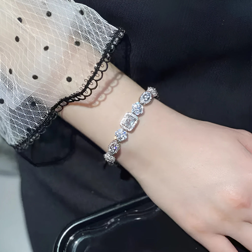 Women's geometric bracelet with silver and white gold plating featuring zircon stones