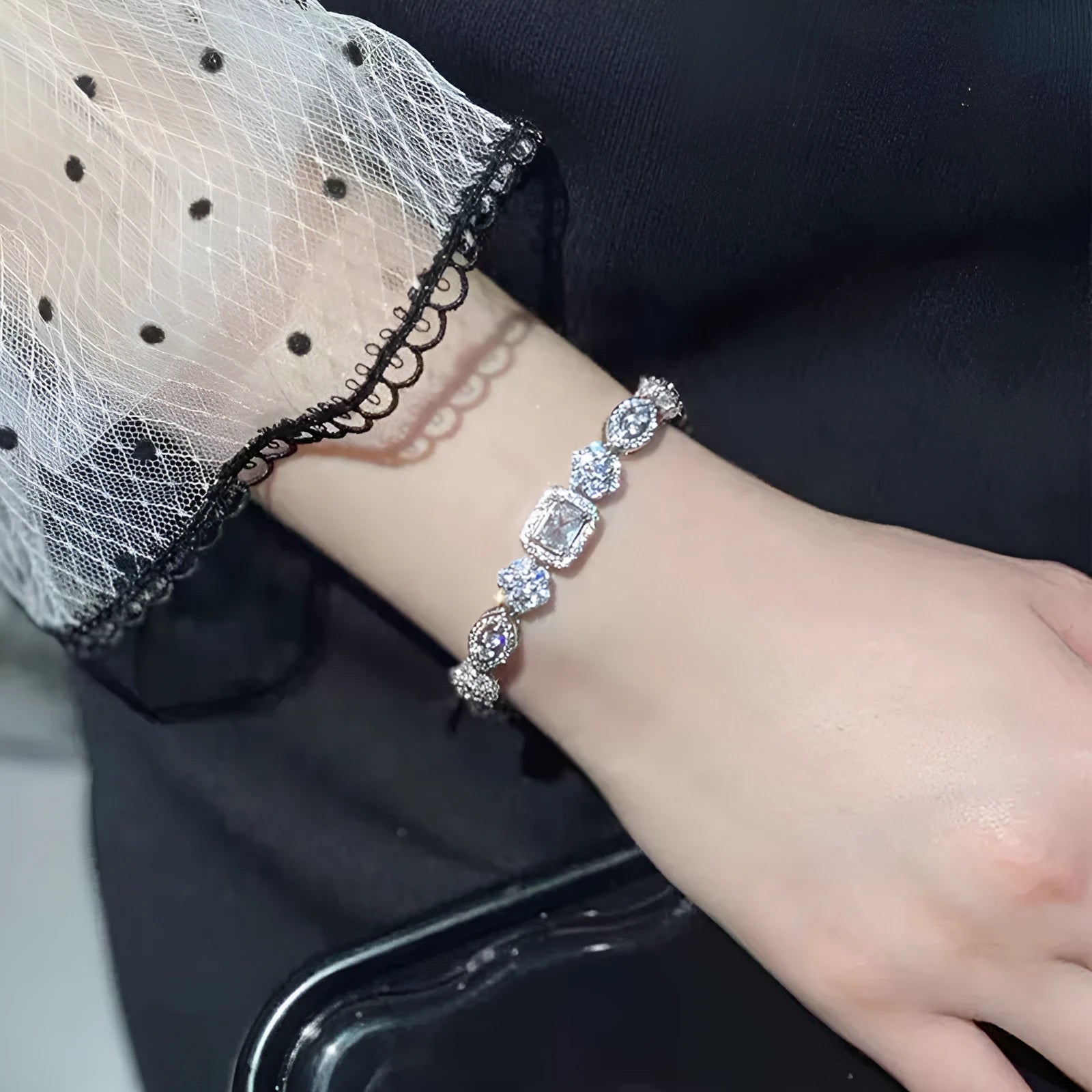 Women's geometric bracelet with silver and white gold plating featuring zircon stones