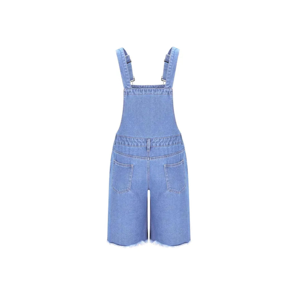 Men's ripped denim shorts with suspenders in a straight-leg style