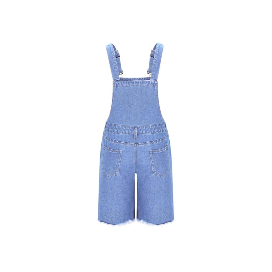 Men's ripped denim shorts with suspenders in a straight-leg style