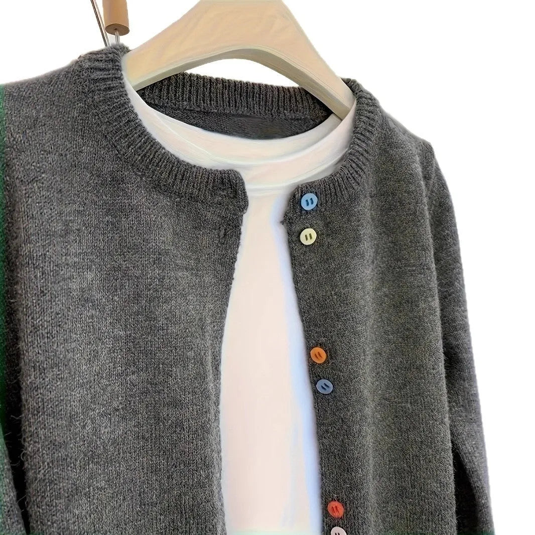Dark grey women's polyester cardigan with buttons and long sleeves on a hanger