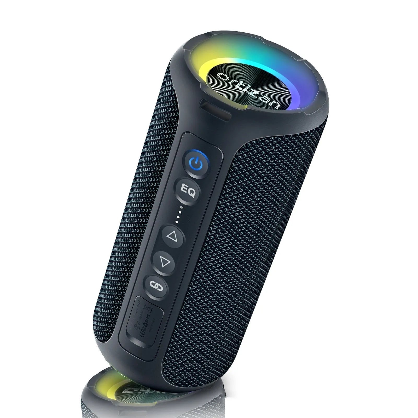 Black and blue fabric Bluetooth speaker with LED illumination showing 40W output and waterproof features