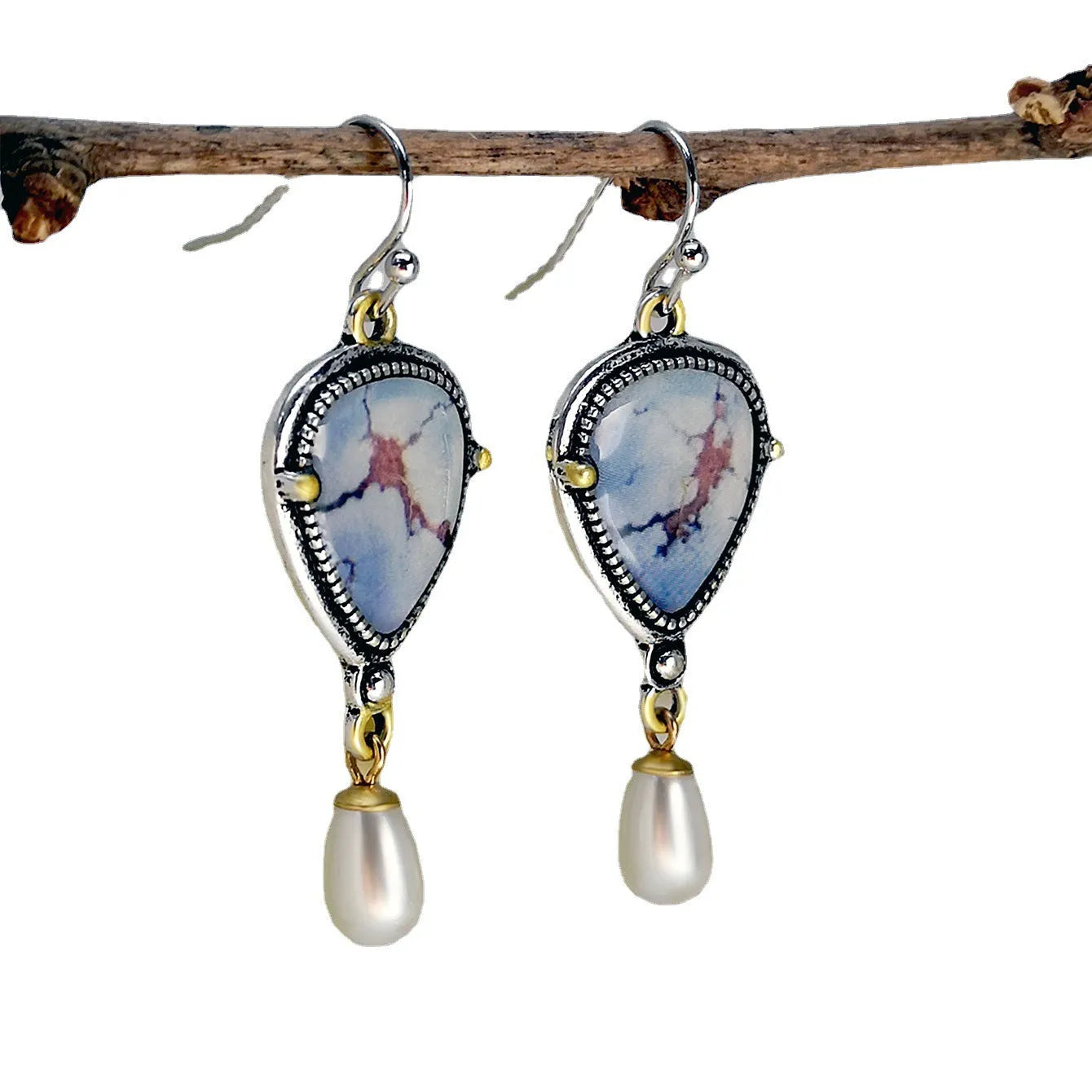 Retro blue geometric drop earrings with synthetic opal and pearl accents on metal
