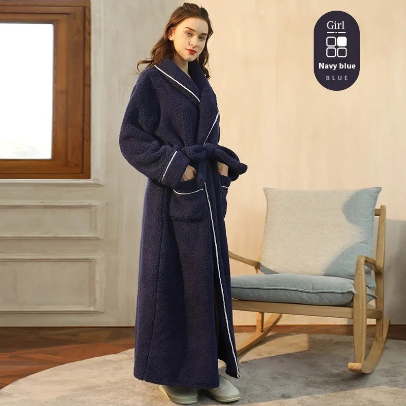 A super thick flannel winter bathrobe for couples shown in navy blue, available in extended sizes M, XL, and XXXL.