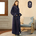 A super thick flannel winter bathrobe for couples shown in navy blue, available in extended sizes M, XL, and XXXL.