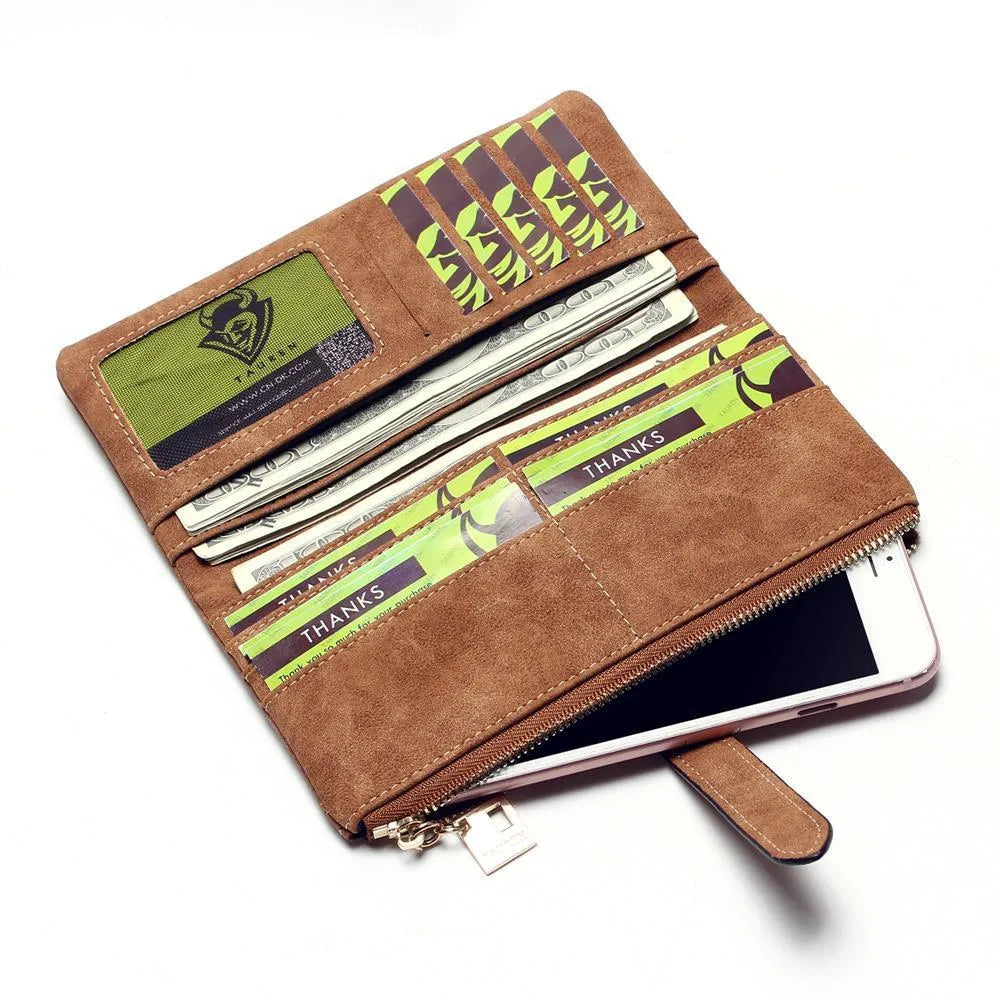 TAUREN retro matte PU leather long wallet for women with zipper and multi-card slots in army green