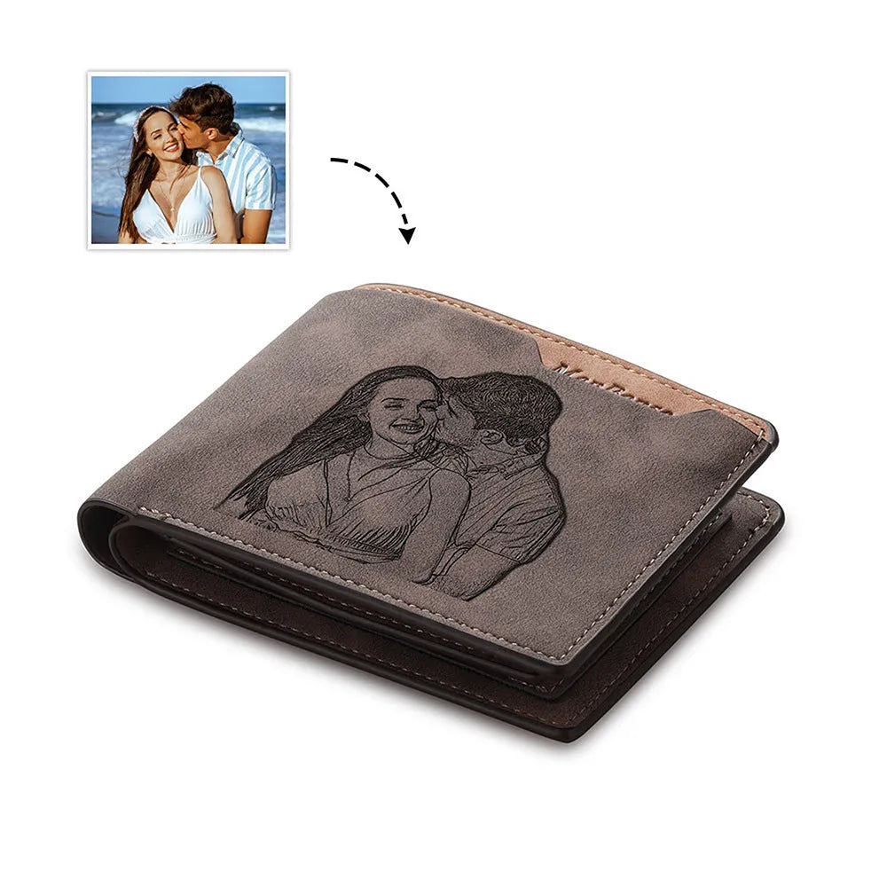 Coffee brown engraved horizontal short wallet showing personalisation service and compact 120mm dimensions